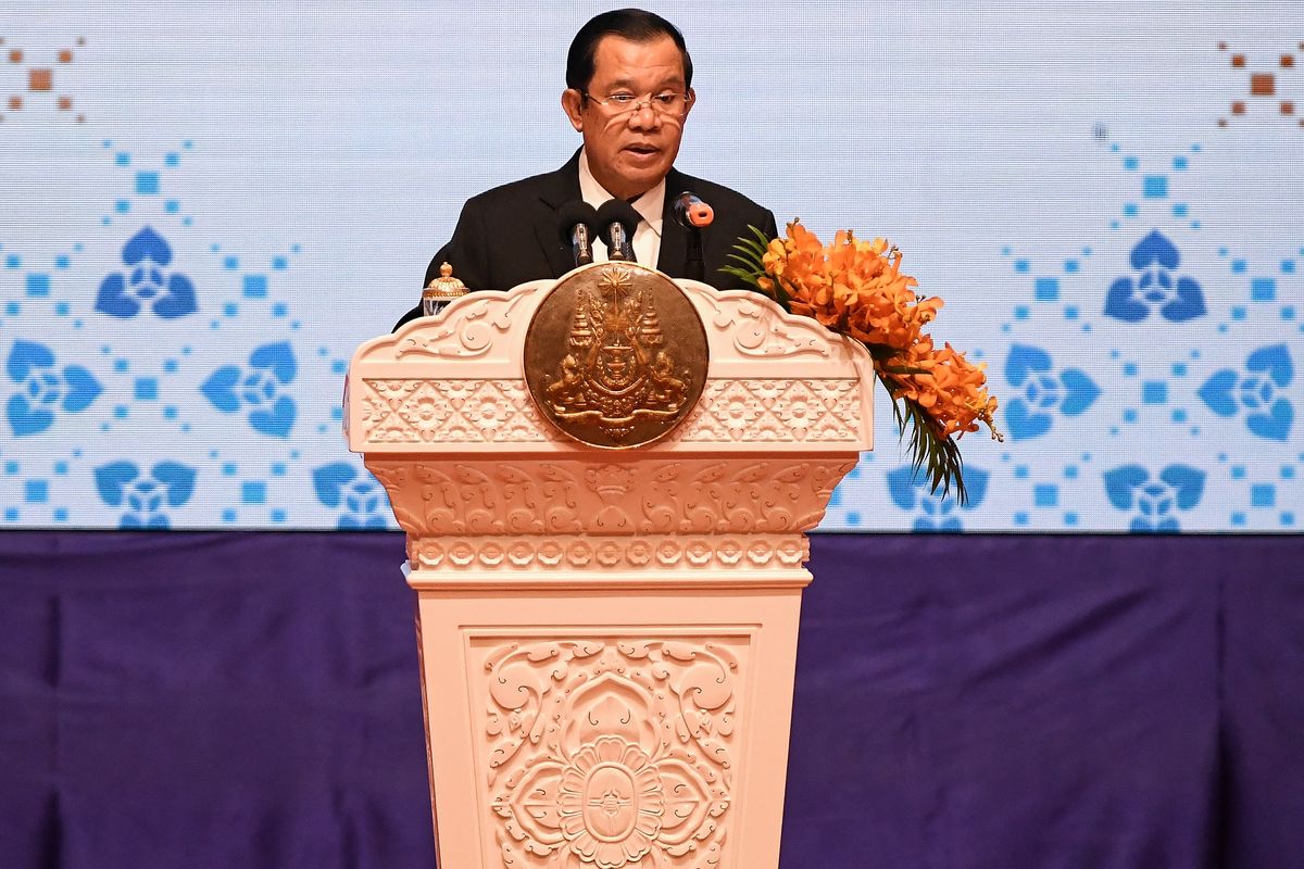 Cambodia's Prime Minister Hun Sen addresses the opening ceremony of the 55th Association of Southeast Asian Nations (ASEAN) Foreign Ministers Meeting in Phnom Penh on August 3, 2022. (Photo by Tang Chhin Sothy / AFP)