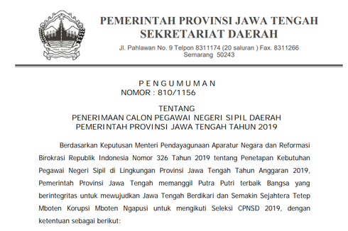 Jelang Pendaftaran Hari Senin, Ini Formasi CPNS 2019 Pemprov Jateng