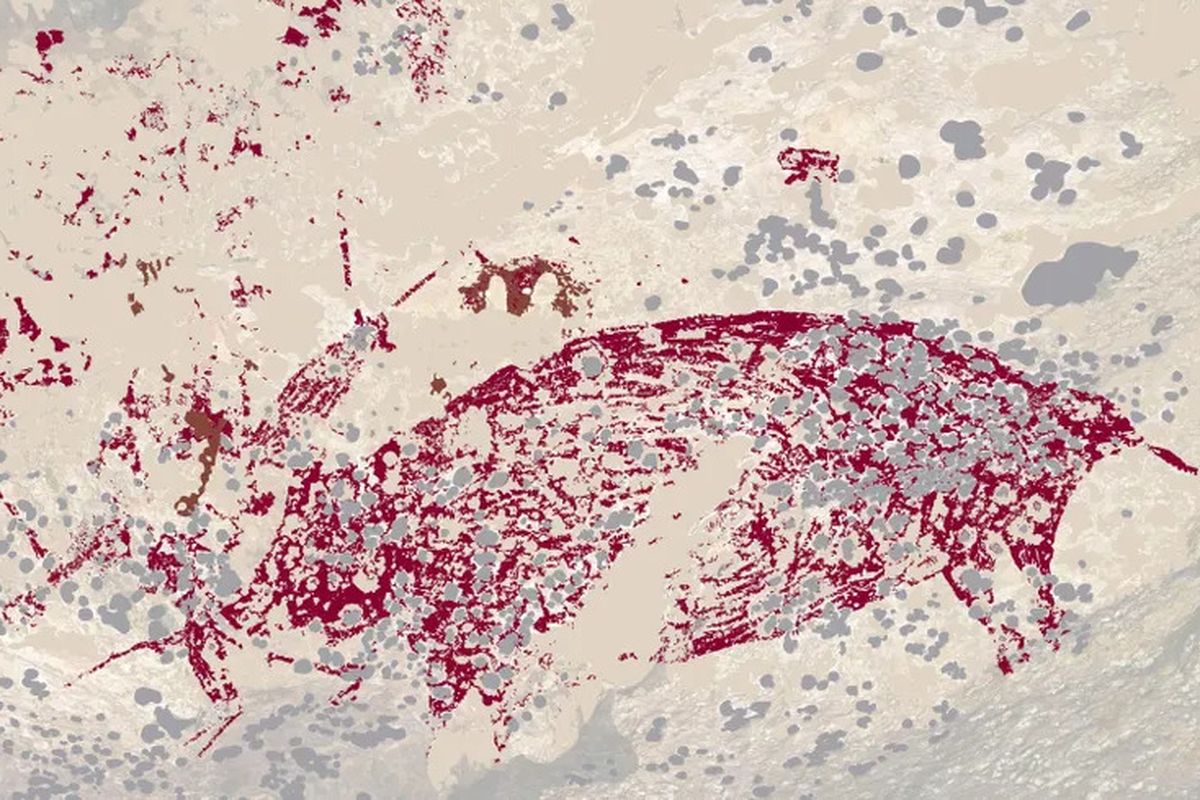 Lukisan gua berusia 51.200 tahun di Leang Karampuang, Sulawesi, merupakan seni cadas naratif tertua yang pernah ditemukan. Karya seni tersebut menggambarkan sosok mirip manusia yang berinteraksi dengan babi