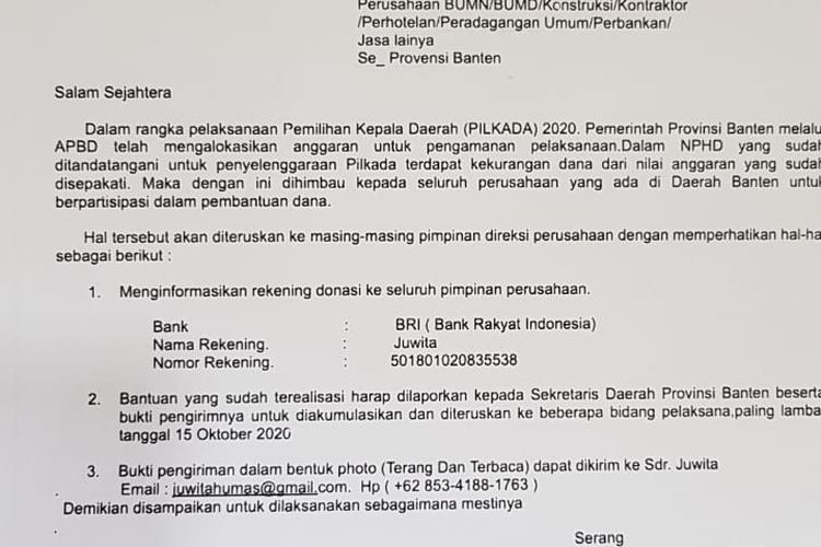Surat palsu permintaan dana pengamanan Pilkada 2020 mencatut nama Gubernur Banten Wahidin Halim
