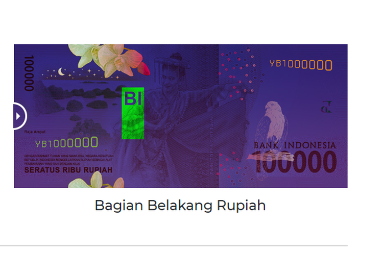 Bagian belakang uang Rupiah pecahan Rp 100.000 saat disinari ultraviolet.