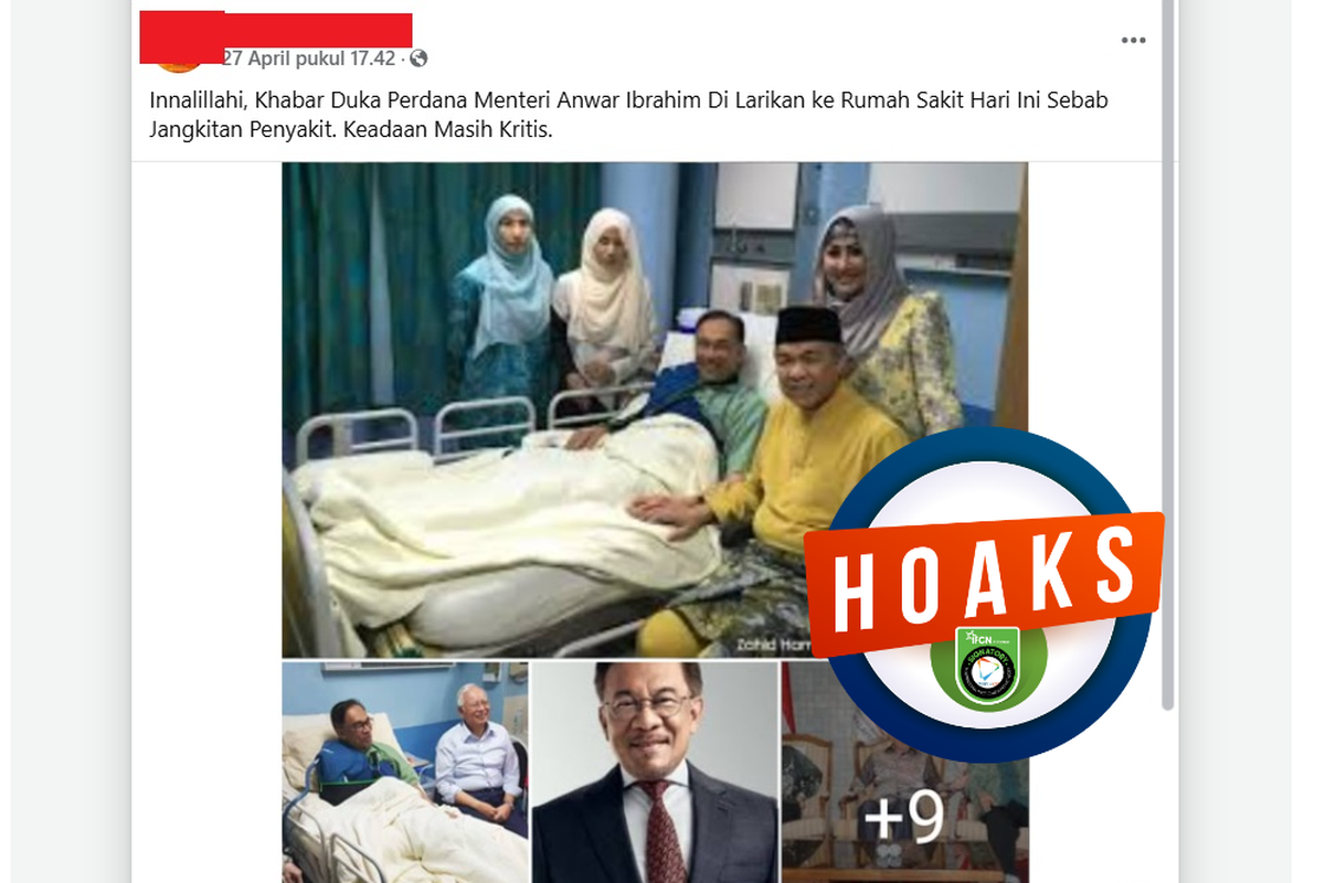 Tangkapan layar Facebook narasi yang mengeklaim Perdana Menteri Malaysia Anwar Ibrahim dilarikan ke rumah sakit pada akhir April 2025