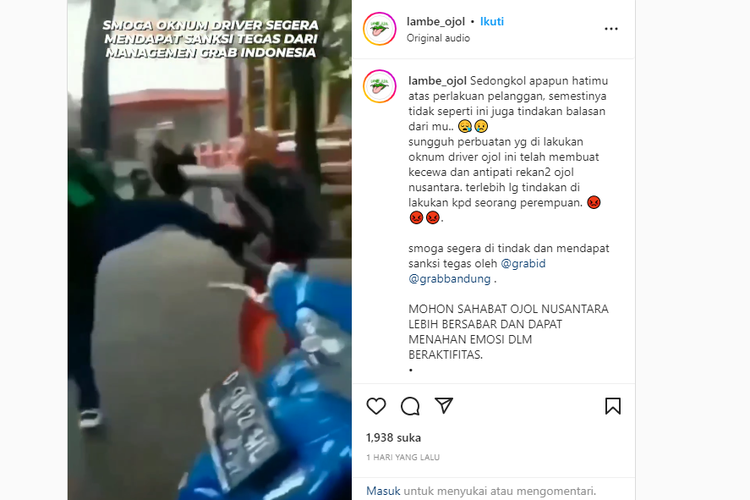 Tangkapan layar cuplikan video driver ojol tendang pelanggannya di Bandung, Jawa Barat.