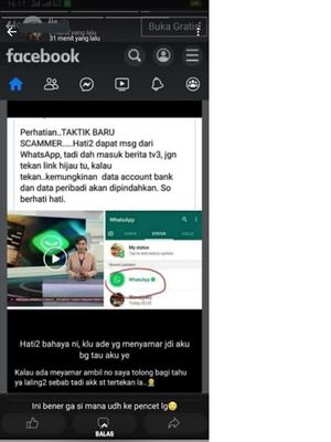 Tangkapan layar posting Facebook yang mengklaim bahwa status unggahan WhatsApp merupakan jebakan scammer untuk mengambil alih rekening bank pengguna