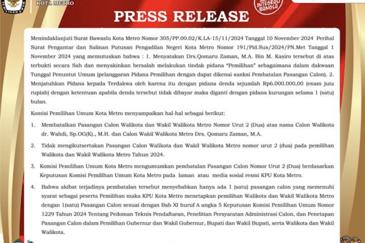 Wahdi-Qomaru Didiskualifikasi dari Pilwalkot Metro, Kuasa Hukum Sebut Tak Berdasar