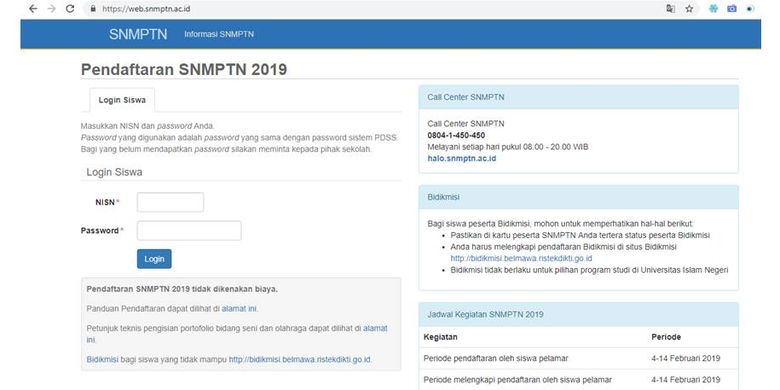 Menu pendaftaran SNMPTN 2019 telah dapat diakses kembali