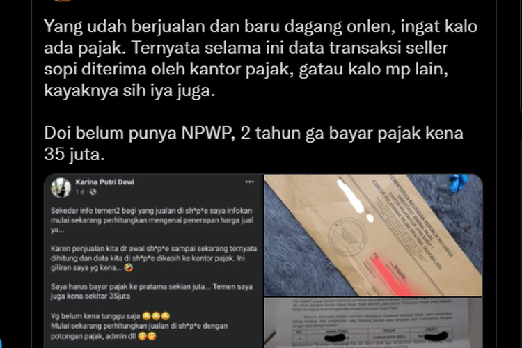 Tangkapan layar twit terkait pajak yang dibebankan kepada salah satu seller e-commerce.