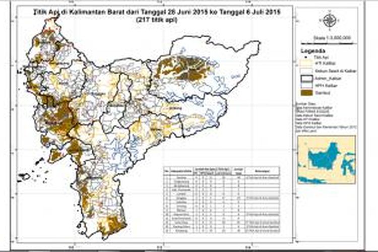 Peta sebaran titik api di Kalimantan Barat yang diolah dari berbagai sumber data periode 28 Juni 2015 - 6 Juli 2015.