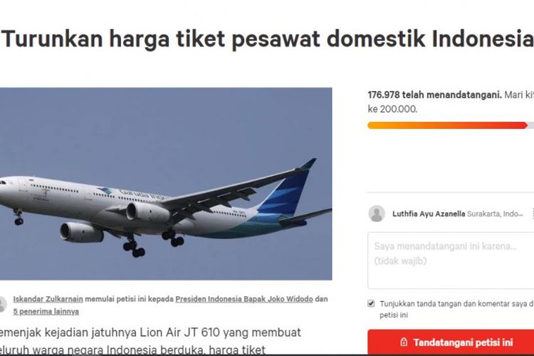 Petisi turunkan harga tiket pesawat di Change.org
