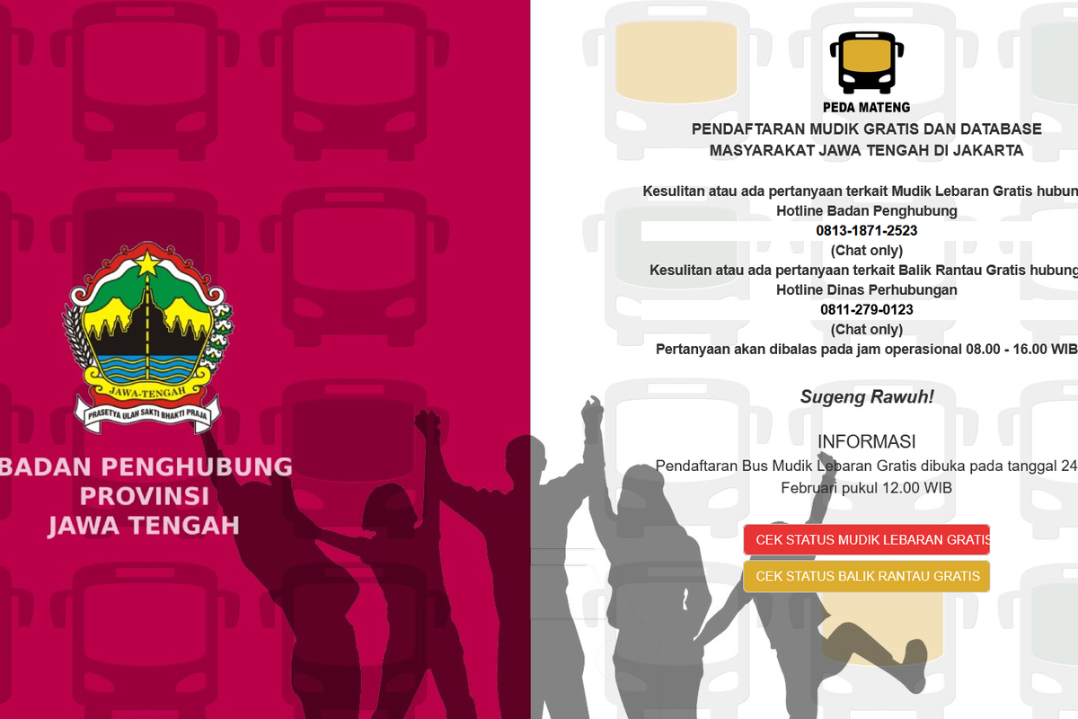 Tampilan website pedamateng.penghubung.jatengprov.go.id. Cara daftar mudik gratis Pemprov Jateng 2025 online.