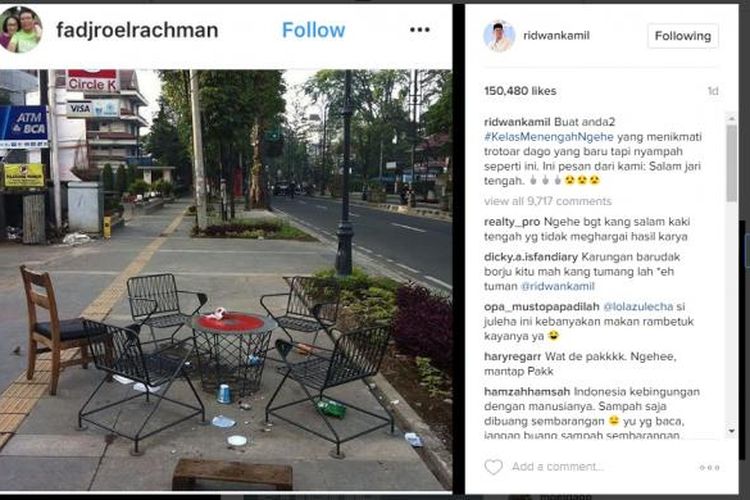 Akun  Instagram milik Wali Kota Ridwan Kamil memperlihatkan sampah berceceran di trotoar Jalan Dago, Bandung.
