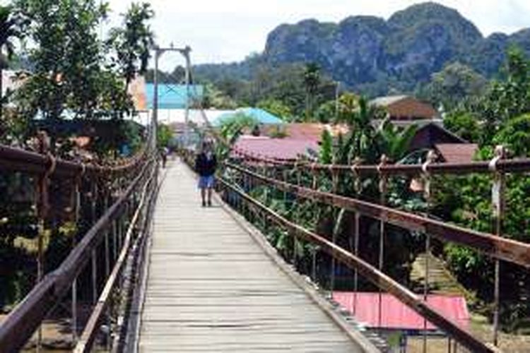 Anak sekolah melintas di jembatan gantung yang menghubungkan kampung Tiong Ohang dan Tiong Bu'u di Mahakam Hulu, Kalimantan Timur.