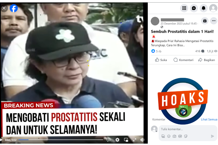 Tangkapan layar konten hoaks di sebuah akun Facebook,  23 Desember 2023, soal eks Menkes Nila Moeloek mempromosikan obat prostatitis.