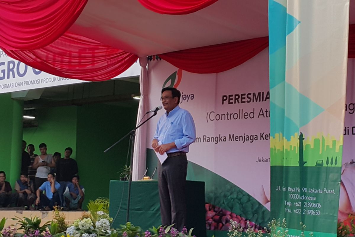 Pelaksana Tugas Gubernur DKI Jakarta Djarot Saiful Hidayat mesin teknologi Controlled Atmosphere Storage (CAS) yang digunakan untuk memperpanjang usia bahan pangan di Pasar Induk Kramatjati, Jakarta Timur, Selasa (6/6/2017)