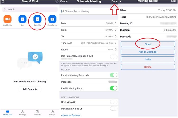 Cara menjadwalkan rapat via Zoom Meetings versi smartphone.