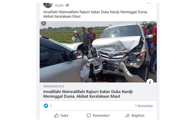 Unggahan hoaks berisi kabar komedian Narji meninggal dunia akibat kecelakaan maut