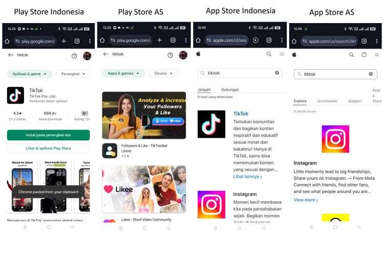 Ilustrasi aplikasi TikTok di Play Store dan App Store versi Indonesia dan AS.