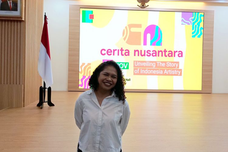 Hanna Keraf, Salah Satu Pendiri Du Anyam saat Konferensi Pers Cerita Nusantara di Auditorium Kementerian Koperasi dan UKM, Jakarta Selatan pada Kamis (23/11/2023).