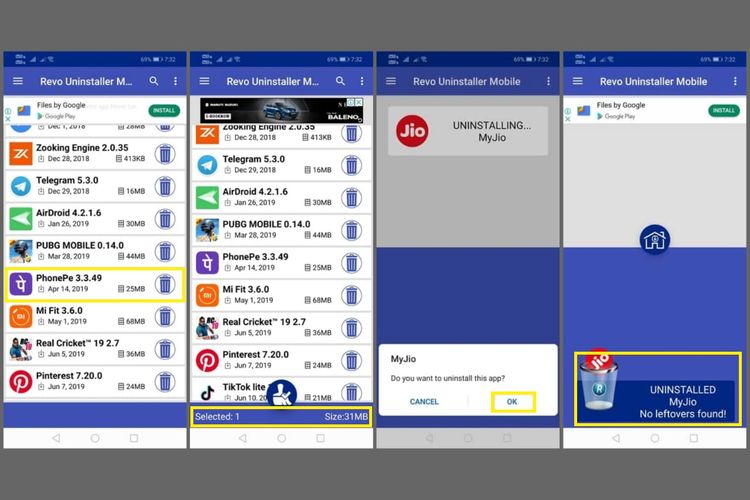 Cara menghapus file yang tersisa setelah uninstall aplikasi di Android melalui aplikasi Revo Uninstaller Mobile