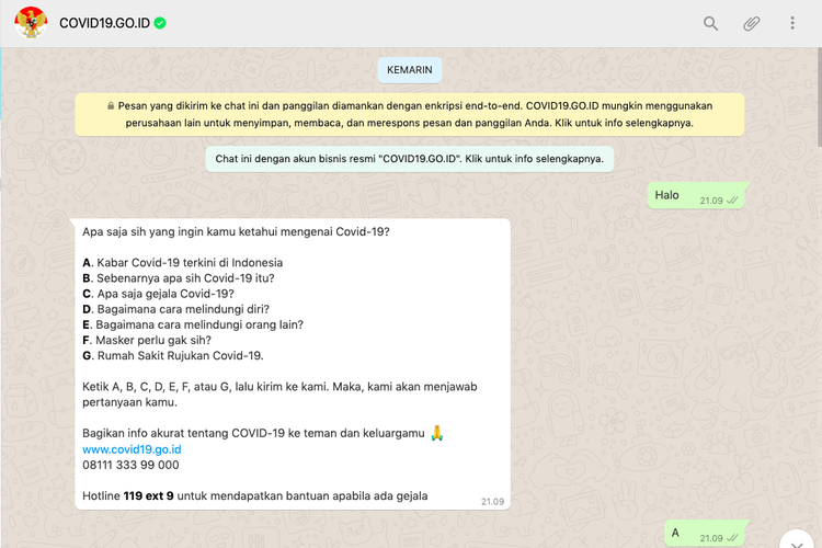 Chatbot pemerintah untuk informasi perkembangan Covid-19 di Indonesia