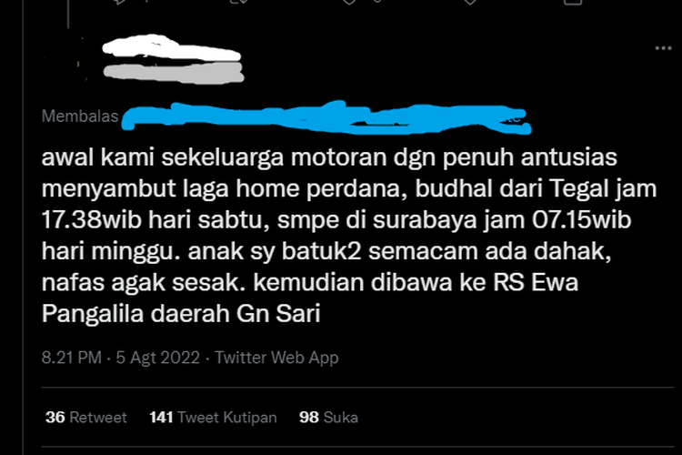 Tangkapan layar unggahan warganet yang menceritakan bayinya meninggal setelah diajak bepergian dari Tegal ke Surabaya menggunakan sepeda motor pada Sabtu (30/7/2022).