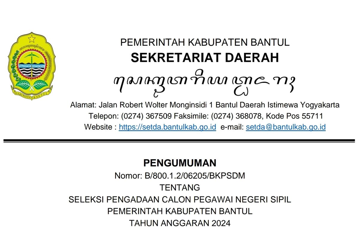 Rincian formasi CPNS 2024 di lingkungan Pemerintah Kabupaten Bantul.