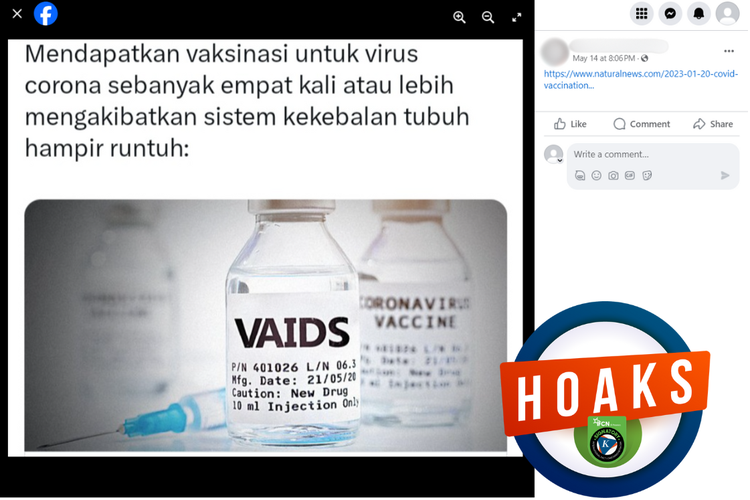 Tangkapan layar konten hoaks di sebuah akun Facebook, Selasa (14/5/2024), mengenai suntikan vaksin Covid-19 sebanyak empat kali meruntuhkan sistem kekebalan.