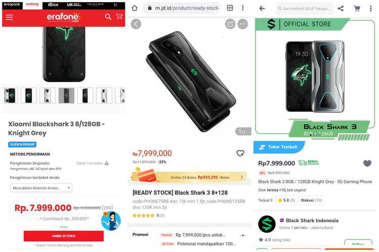 Ilustrasi harga Black Shark 3 di sejumlah e-commerce Indonesia.