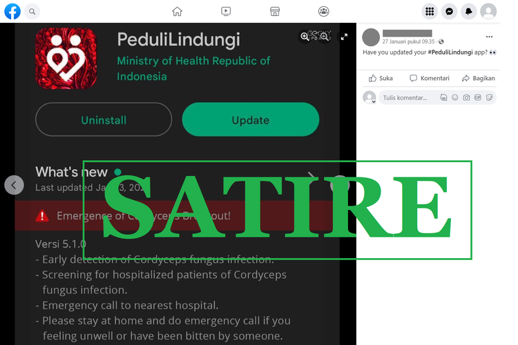 Tangkapan layar konten satire di sebuah akun Facebook, Jumat (27/1/2023), soal aplikasi PeduliLindungi yang menangani infeksi jamur cordyceps.