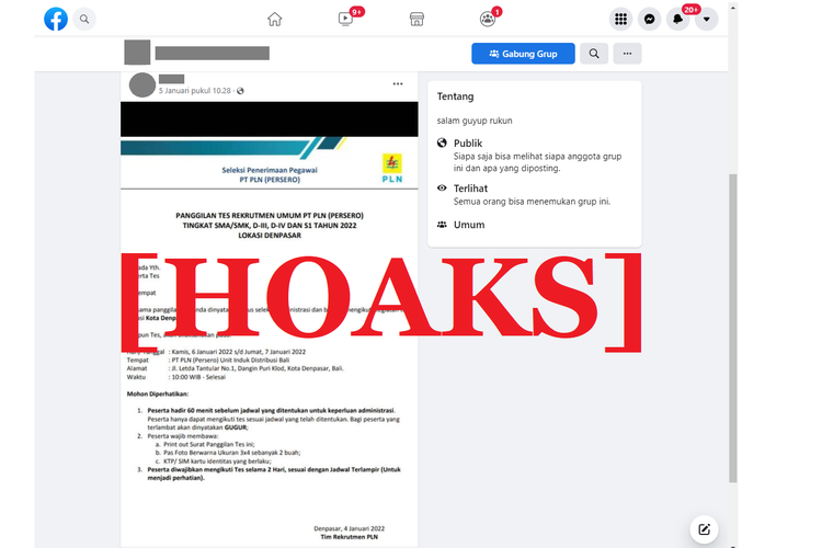 Tangkapan layar unggahan hoaks dari sebuah akun Facebook, tentang edaran mengatasnamakan panggilan tes PLN yang berlokasi di Denpasar, Bali pada Januari 2022.
