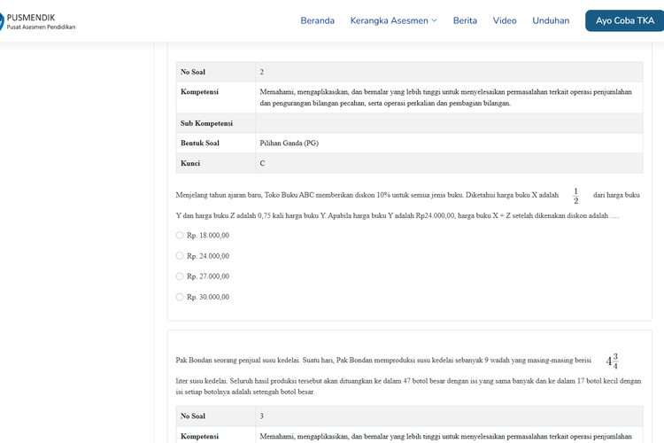 Tangkapan layar contoh soal TKA online mata pelajaran matematika SD/MI/Sederajat.