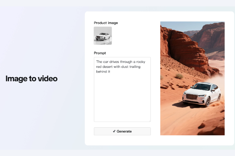 Fitur image-to-video mengandalkan gambar produk sebagai tambahan perintah untuk menghasilkan video iklan yang dibuat secara otomatis menggunakan bantuan AI.
