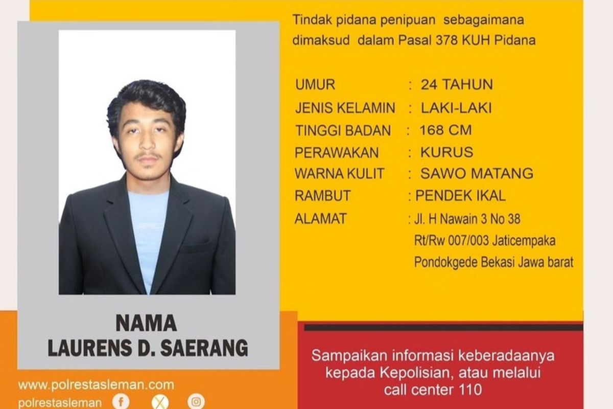 Tangkapan layar dari unggahan instagram @humaspolrestasleman terkait informasi DPO kasus dugaan tindak pidana penipuan.