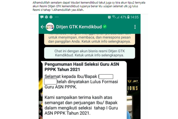 Tangkapan layar unggahan soal Kemendikbud Ristek yang mengirimkan pesan WhatsApp kepada pelamar yang lolos seleksi kompetensi tahap I PPPK Guru.