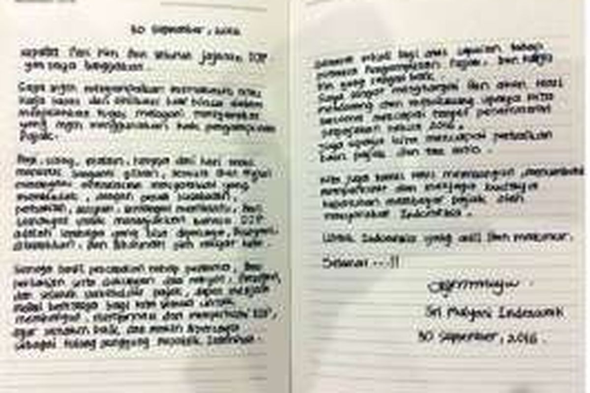 Surat Menteri Keuangan Sri Mulyani untuk Dirjen Pajak dan jajarannya.