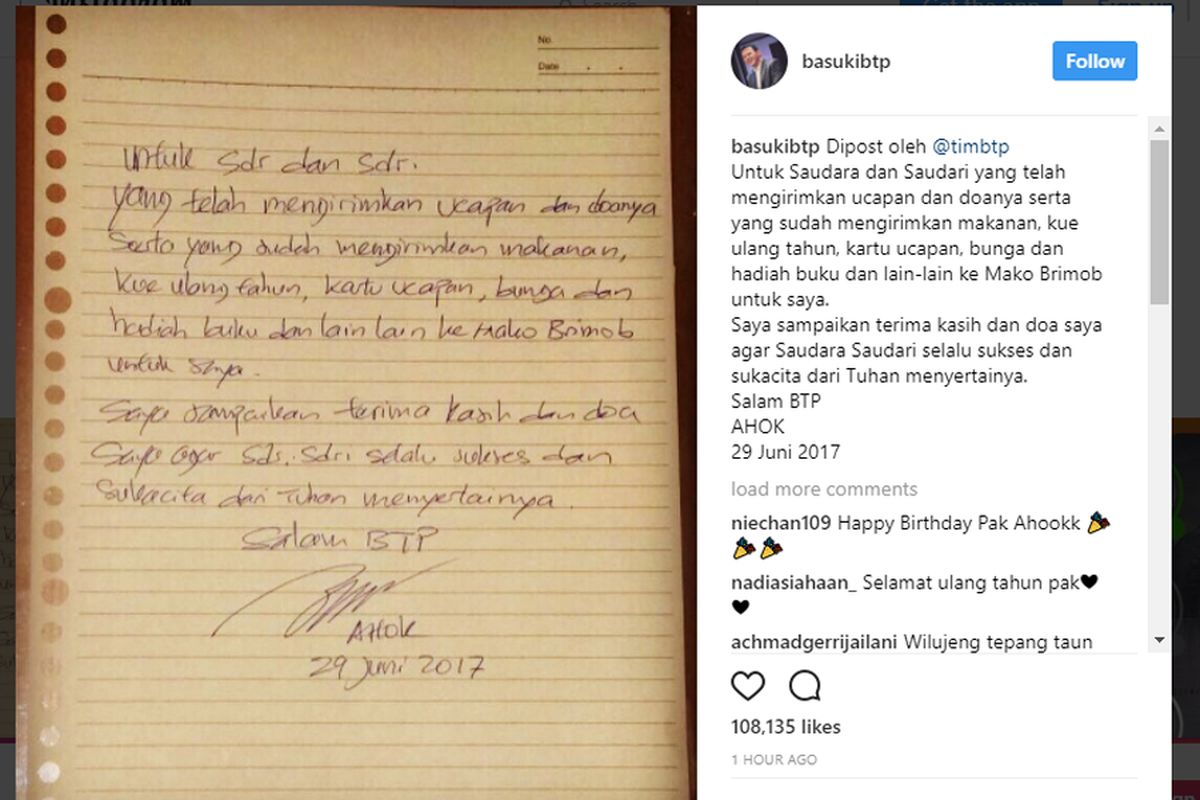 Secarik kertas bertuliskan ucapan terimakasih dari Mantan Gubernur DKI Jakarta Basuki Tjahaja Purnama diunggah melalui akun Instragram pada Kamis (29/6/2017).  