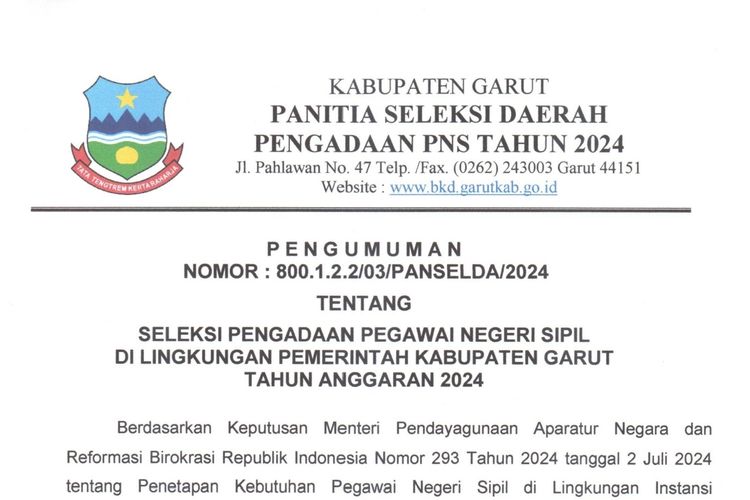 Pengumuman dan formasi CPNS 2024 di lingkungan Pemerintah Kabupaten Garut.