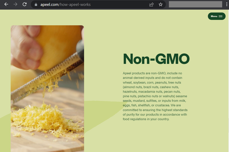 Tangkapan layar situs Apeel.com, menegaskan produknya merupakan non-GMO dan aman dikonsumsi.