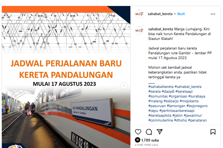 Tangkapan layar unggahan foto bernarasi adanya jadwal perjalanan baru kereta api (KA) Pandalungan mulai 17 Agustus 2023 ramai di medsos.