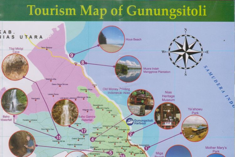 Peta Destinasi Wisata yang menarik dan wajib di kunjungi ketika berada di Kota Gunungsitoli, Sumatera Utara.