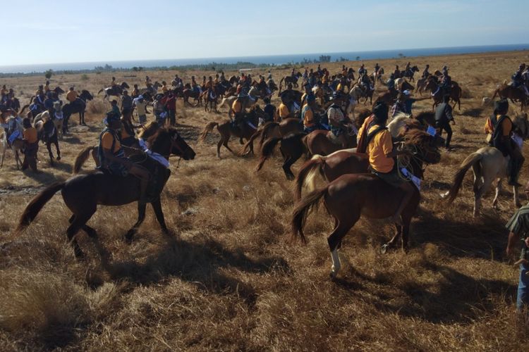 Parade 1.001 Kuda Sandalwood di Padang Sabana Walakiri, Savana Walakiri di Kelurahan Watumbaka Kecamatan Pandawai Kabupaten Sumba Timur, Nusa Tenggara Timur (NTT), Kamis (12/7/2018)
