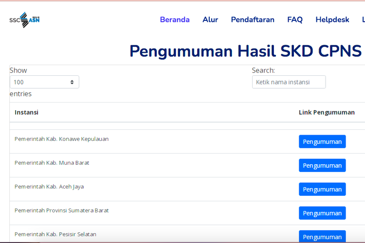 Tangkapan layar pengumuman hasil SKD CPNS di SSCASN