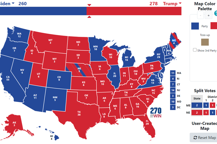 Peta Electoral College Pilpres AS 2020 yang menunjukan skenario kemenangan Donald Trump di mana dia harus menang di Pennsylvania. Tanpa Keystone State, kepresidenannya akan berakhir dikalahkan Joe Biden