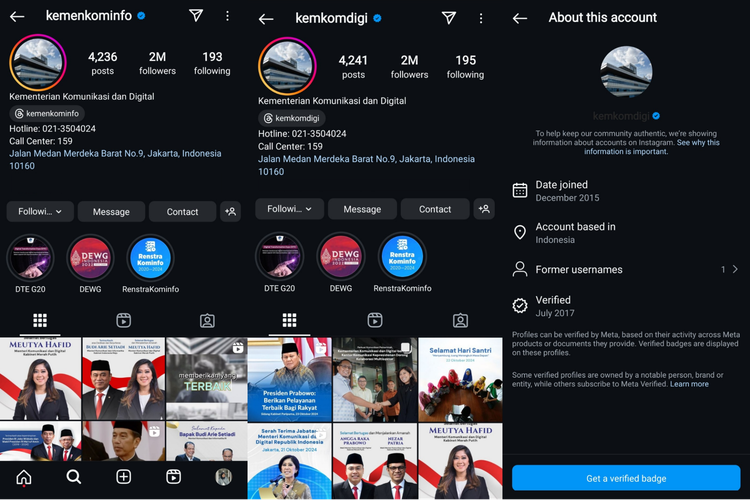 Akun Instagram Kominfo yang sebelumnya memiliki username atau handle @kemenkominfo, kini resmi berubah menjadi @kemkomdigi.