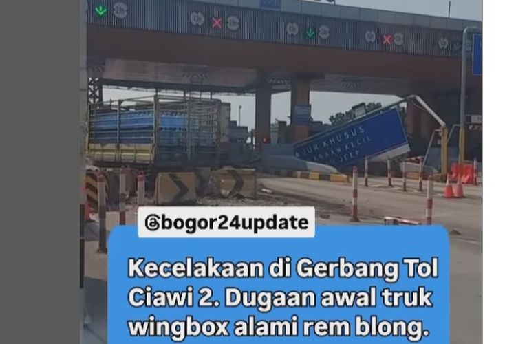 Sebuah truk diduga mengalami rem blong dan menabrak Gerbang Tol Ciawi 2, Senin (2/6/2025).