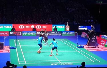 Suasana final All England 2019 nomor ganda putra antara Hendra Setiawan/Muhammad Ahsan melawan Aaron Chia/Soh Wooi Yik di Arena Birmingham, 10 Maret 2019. 