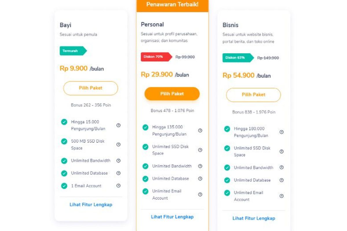Paket langganan web hosting Niagahoster 
