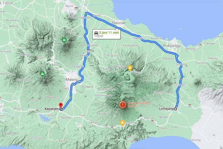 Rute Malang-Lumajang via Probolinggo dan Pasuruan.