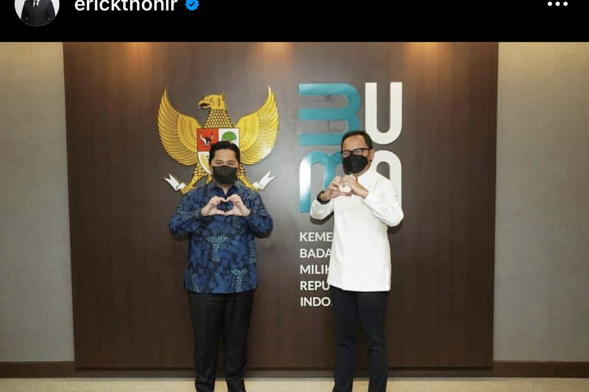 Tangkapan layar dari akun Instagram Menteri BUMN Erick Thohir saat bertemu dengan Wali Kota Bogor Bima Arya, Minggu (25/4/2021).