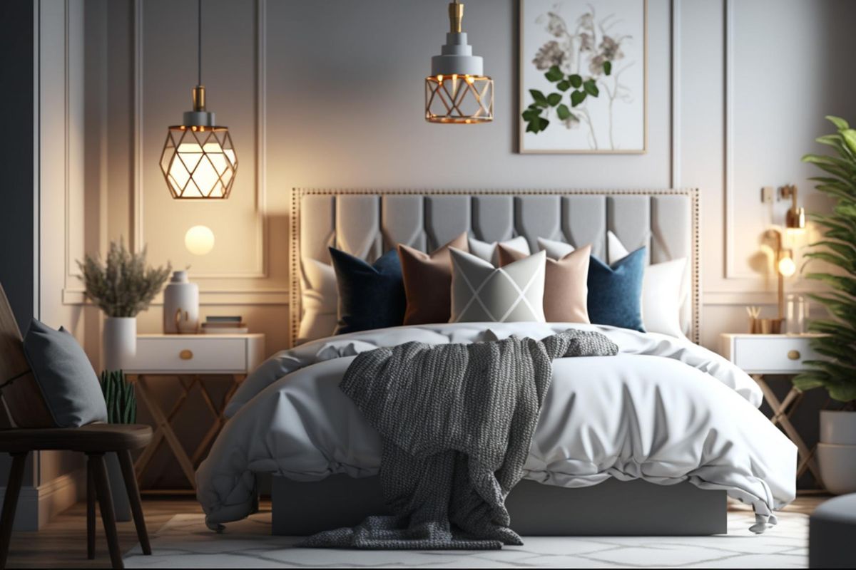 Ilustrasi tempat tidur, sandaran tempat tidur atau headboard. 